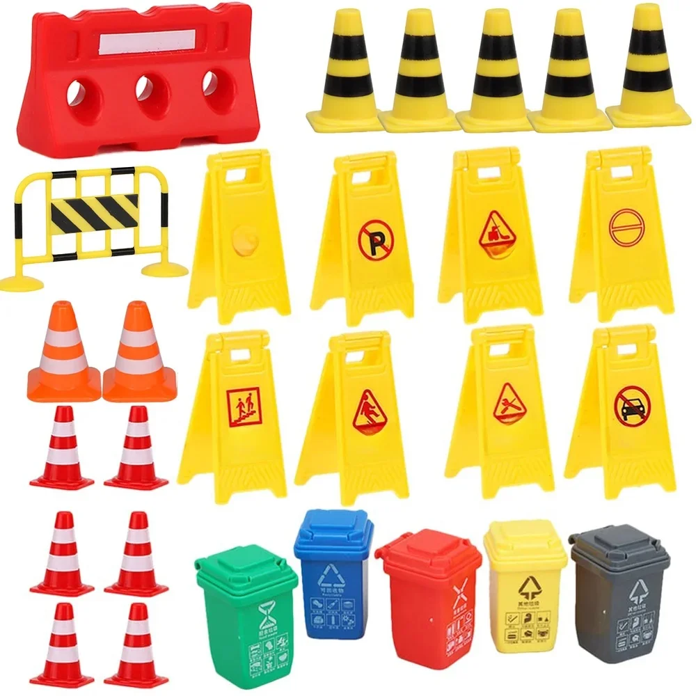 Mini panneaux de signalisation, avertissement de rue, barils Anti-Collision, barrage routier, poubelles, ensemble de jeu, accessoires éducatifs, cadeaux