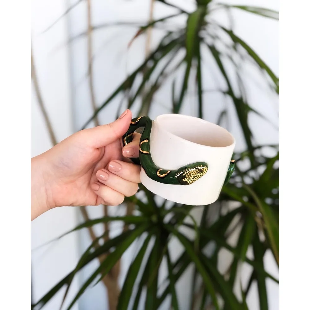 

Snake / Green✨Mug handmade snake pattern 24k gold decor 220 ml coffee cup