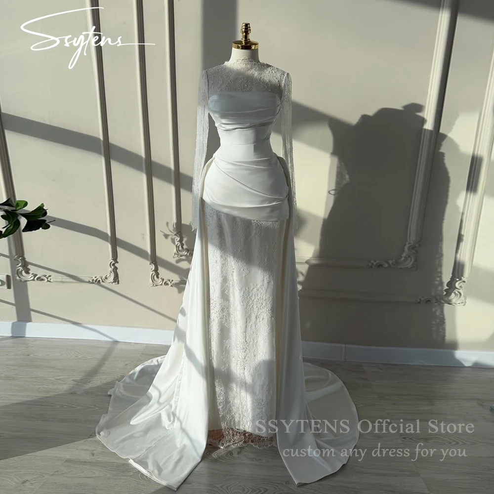 SSYTENS Bescheidene Muslimische Hochzeitskleider für Frauen 2026 Spitze Dubai Brautkleid Langarm Maßgeschneidert Weiß Standesamtliche Braut Brautkleid