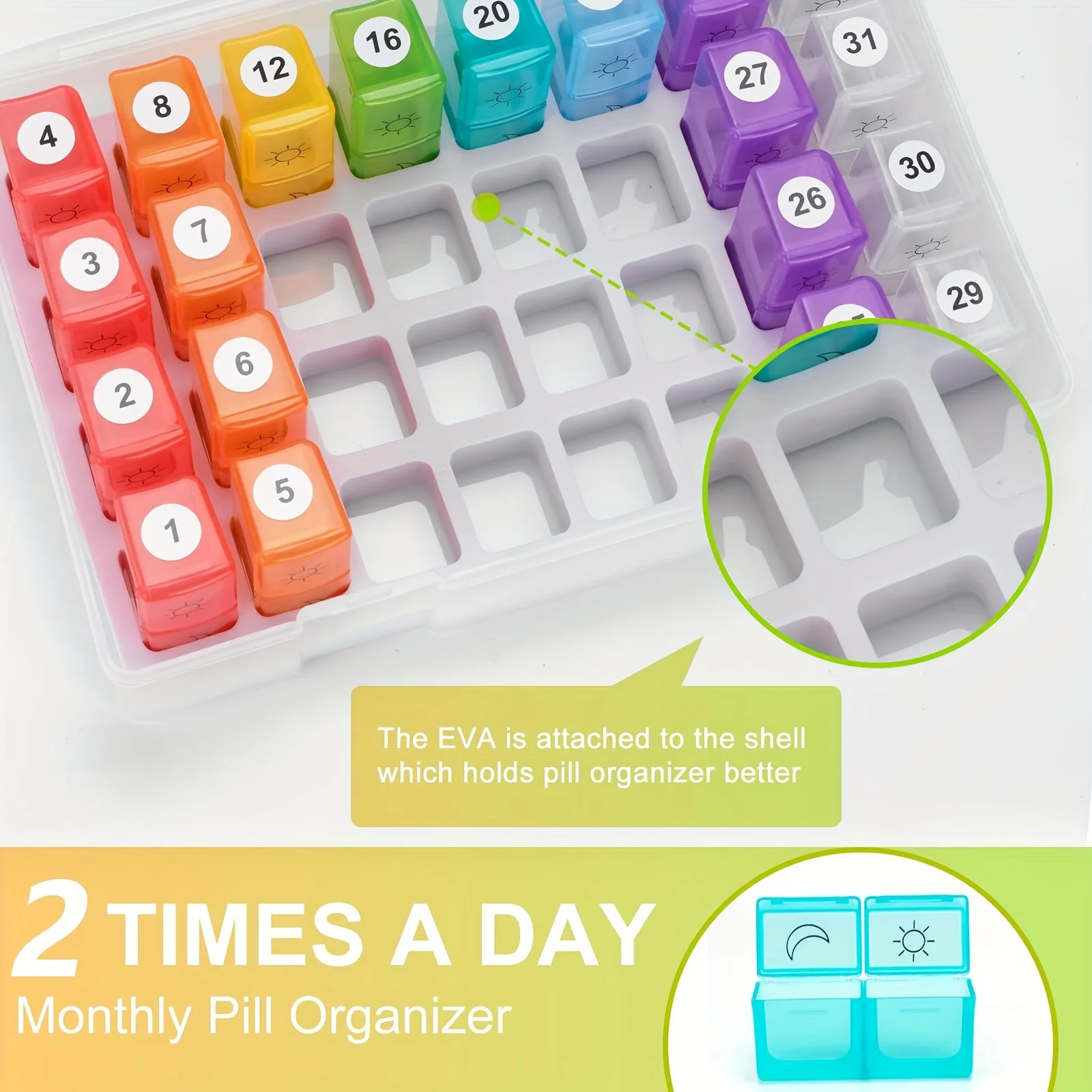 Monthly Pill Organizer 2 Times a Day with 32 Daily Compartments 30 Day Travel Pill Box for Fish Oil, Vitamins Supplements