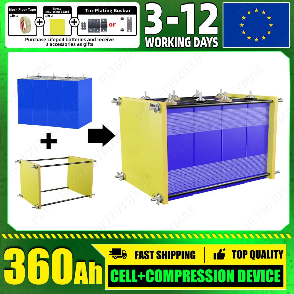 Neue 360Ah Lifepo4-Batterie mit Klemmrahmen und 3 Zubehörartikeln, 3,2V wiederaufladbare Zelle, DIY 12V 24V für Solar-RVs, Vans, Wohnmobile