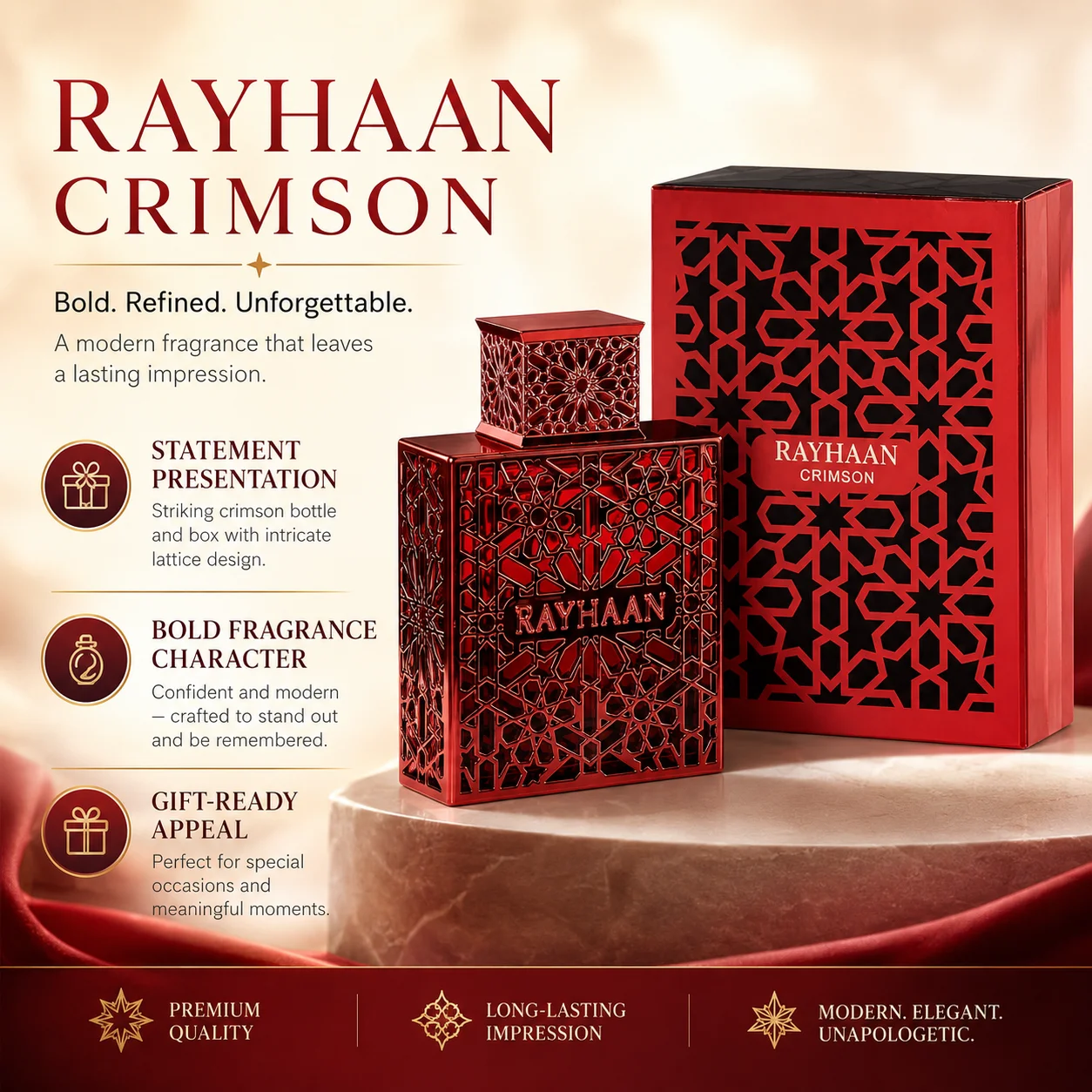 Rayhaan Crimson Red Hollow Carved Geometric Metal Bottle Men Perfume Luxury Arabian Oriental Eau De Toilette Long Lasting Fragrance Mens Cologne Gift Set For Male view 6