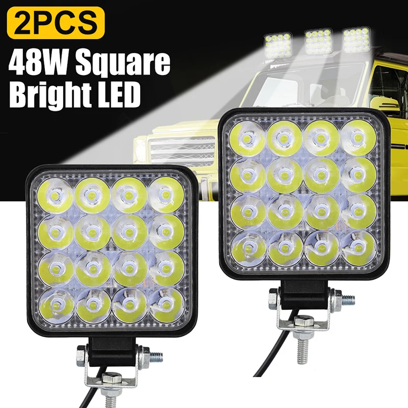 2PCS 48W LED Fog Light Square Offroad Driving Spot Light Work Light for Truck Tractor Trailer Excavator Pickup 12V-48V