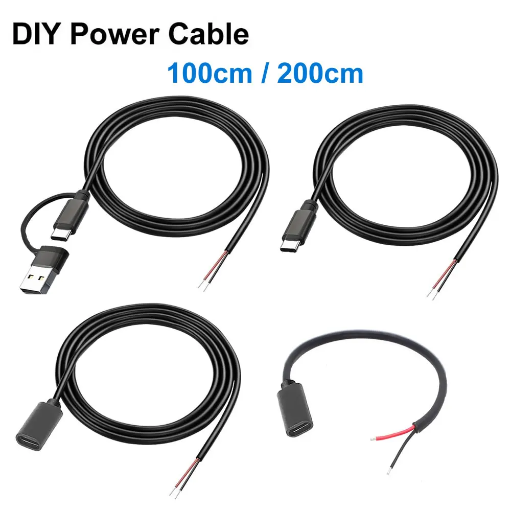 DC 2 Pin Power Cable USB and Type C Male Female to 2 Core Extension Cord For 5V Equipment Installed DIY Replace Repair appliance