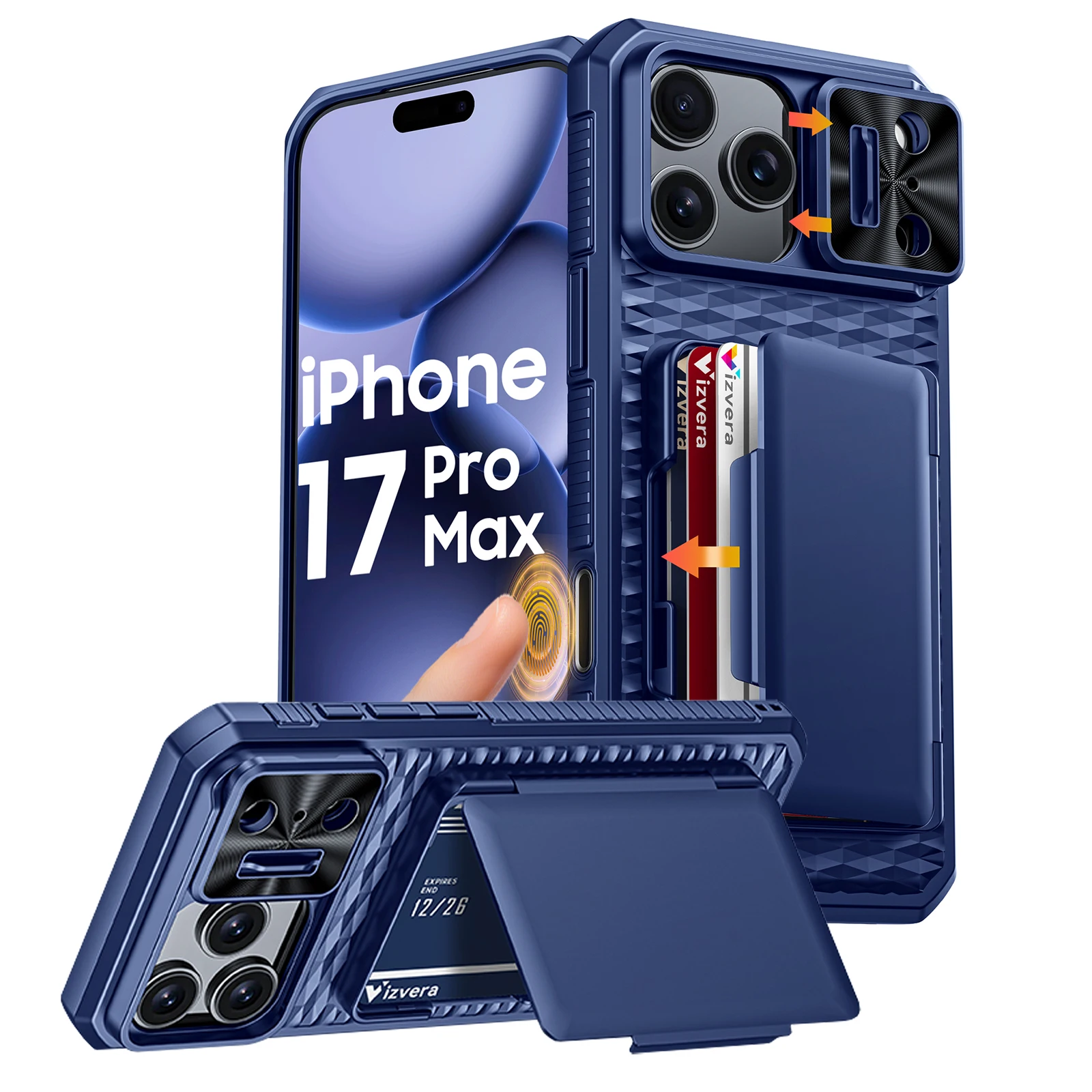 Telefoonhoesje met kaarthouder, schuifbare camera-afdekking en standaard voor iPhone 17 Pro/17 Pro Max, geschikt voor mannen en vrouwen - Goud