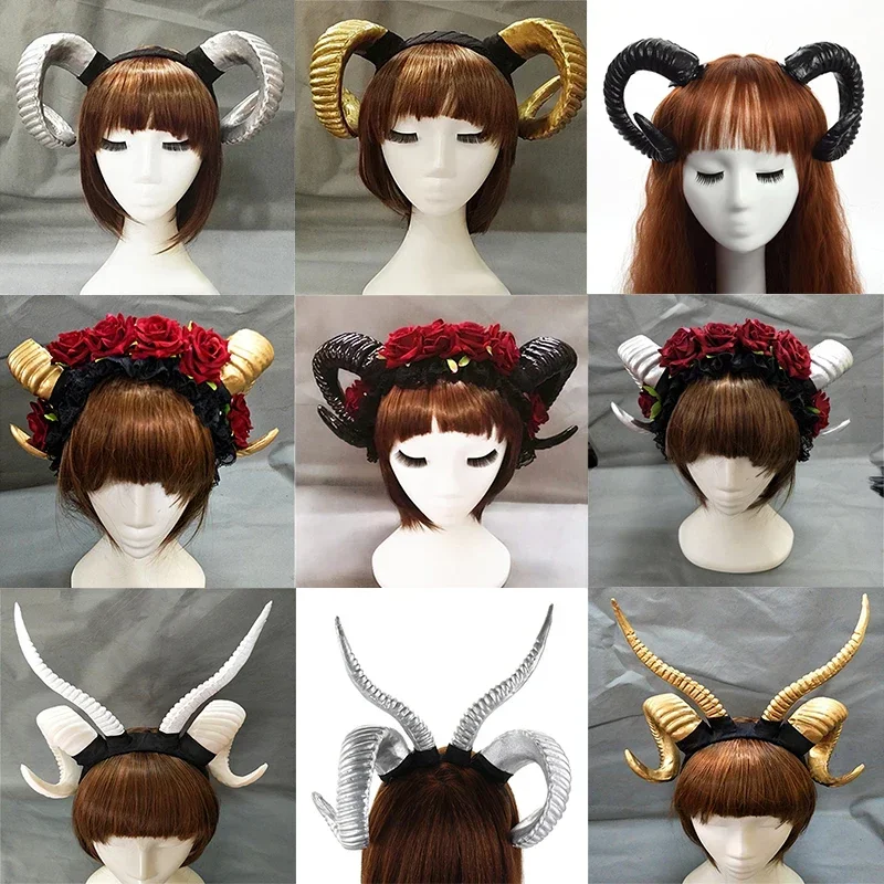Ręcznie robiona opaska z rogami owcy akcesoria do włosów Demon Evil Gothic Lolita Cosplay Halloween nakrycia głowy Prop — zdjęcie 2