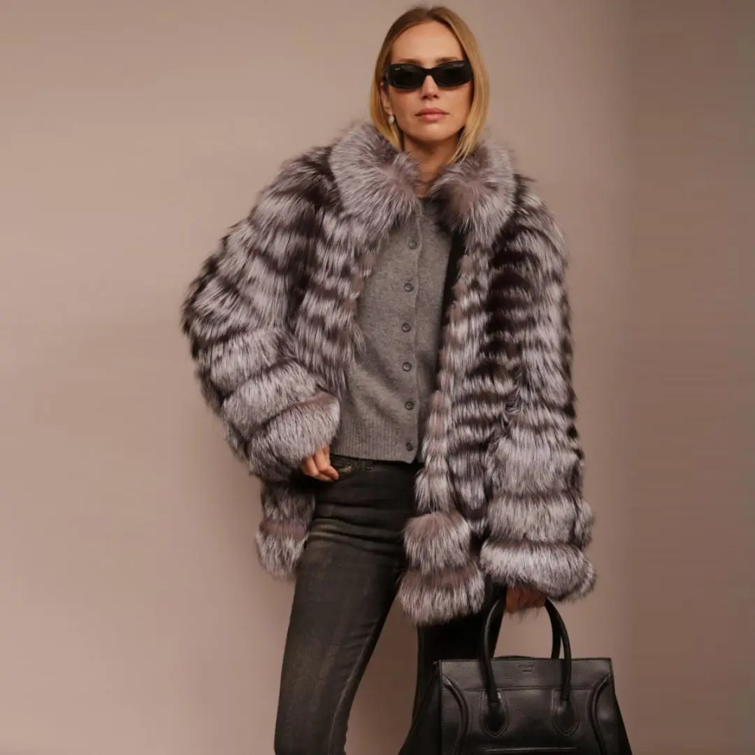 Mid-length Real Silver Fox Fur Coat Stand Collar High Quality Genuine Leather Natural Silver Fox Fur Jacket Luxury Woman Outfit