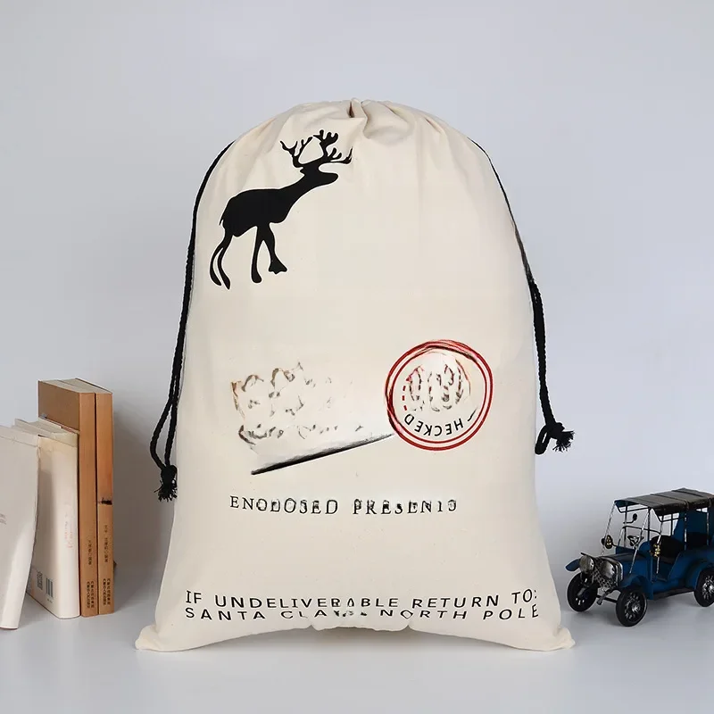 Torba na prezenty dla dzieci z bawełnianego płótna Santa Sacks, pończochy renifera, świąteczne skarpetki ze sznurkiem, duże torby na cukierki, 50*70cm — zdjęcie 2