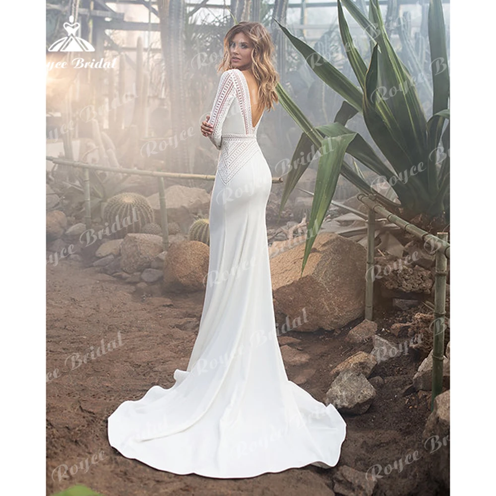 Vestido de novia de encaje Floral de manga larga, traje bohemio con escote en V profundo, estilo sirena, personalizado, 2025