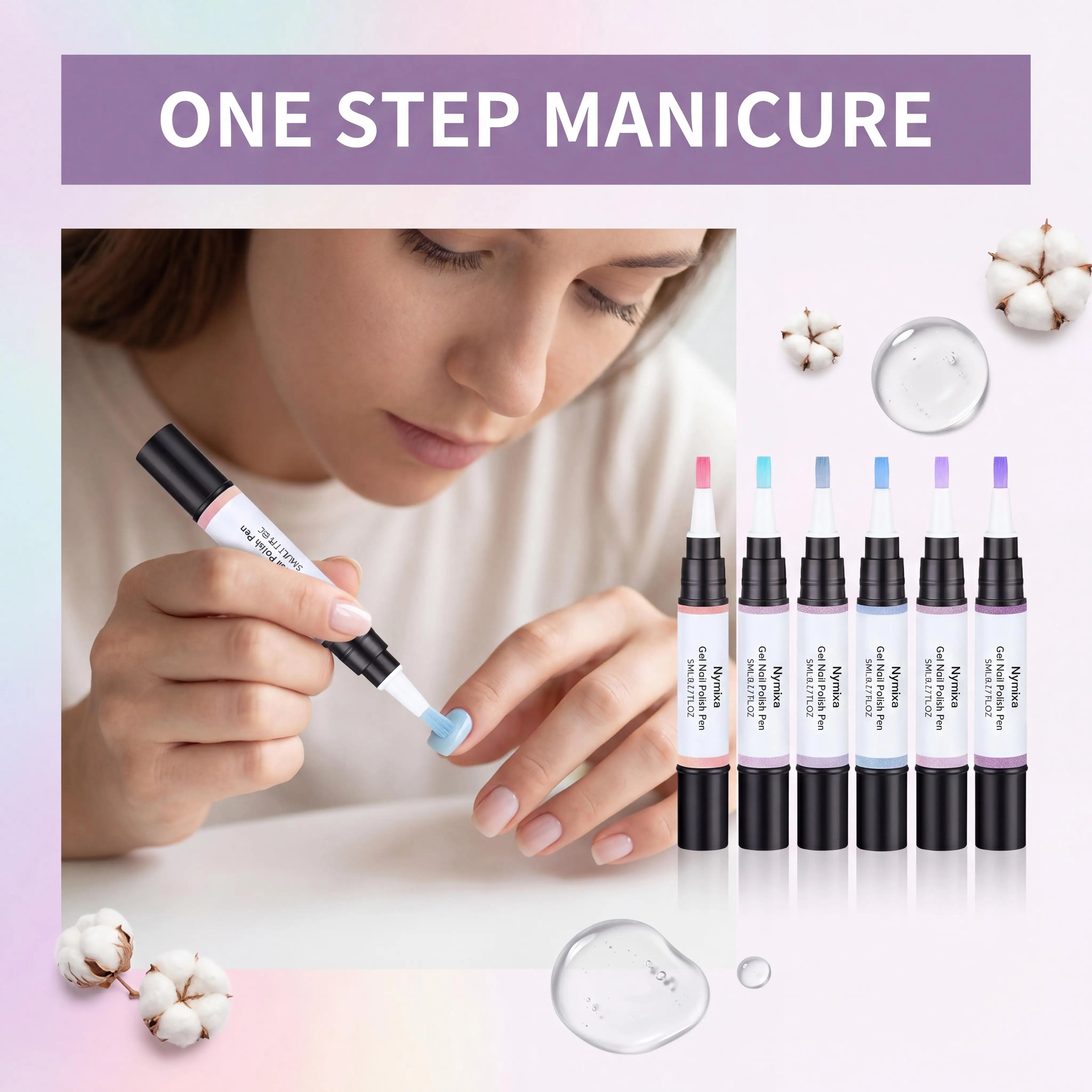 One-Step Gel Nail Polish Pens Set 6 Colors Pearl Pink Blue Easy Control Brush Tip Quick Dry Long Lasting No UV Lamp Needed Water Based Nail Art Paint