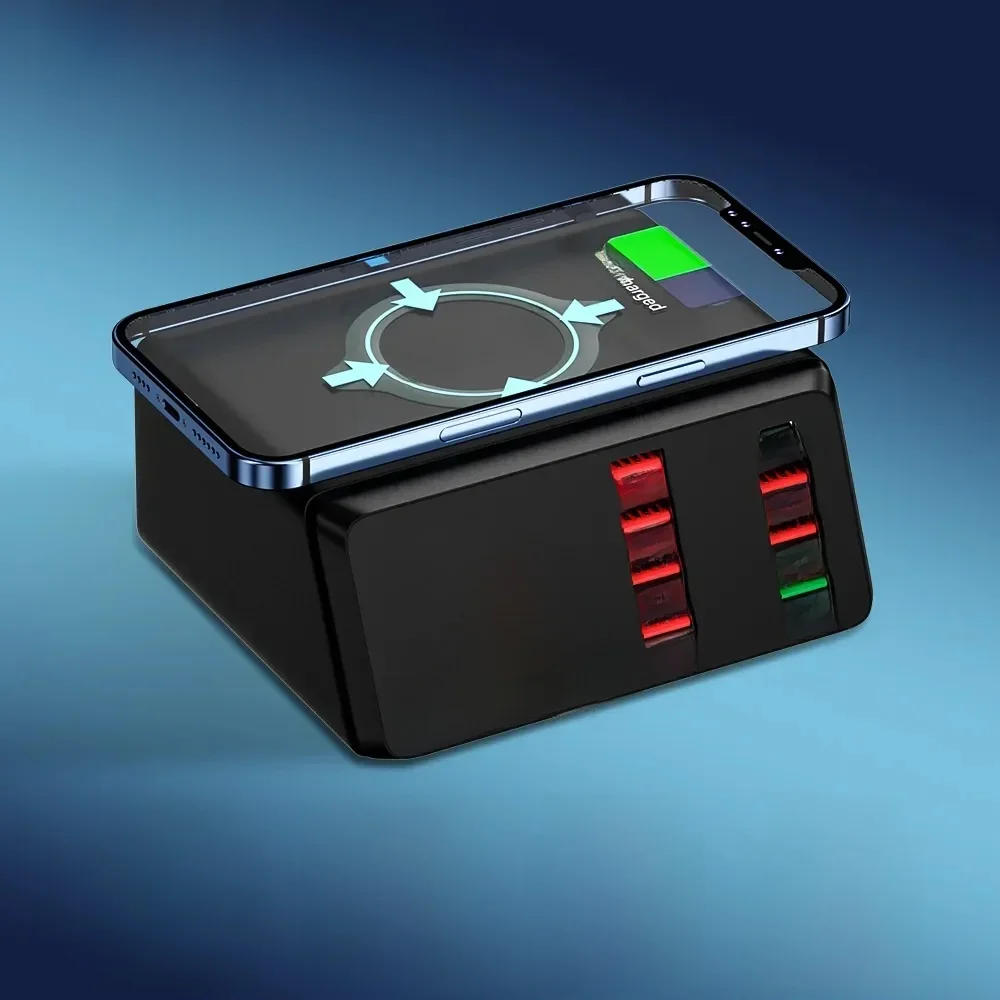 100W 8-portowa ładowarka USB Quick Charge 3.0 Adapter HUB Ładowarka bezprzewodowa Stacja ładująca PD Szybka ładowarka do iPhone 11 13 Samsung — zdjęcie 2