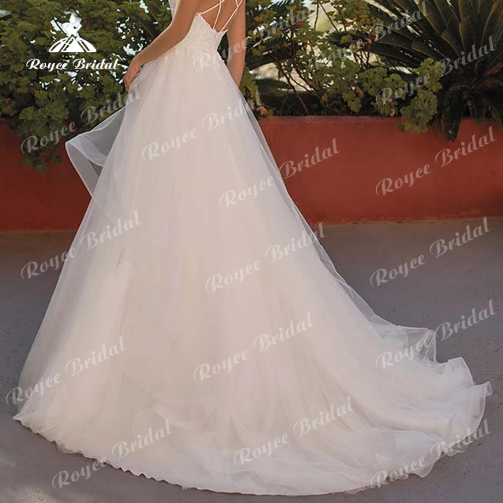 Sexy scollo a V spalline sottili indietro Lace Up Netting Boho a-line abito da sposa per le donne abiti da sposa da spiaggia Vestidos De Novia Robe