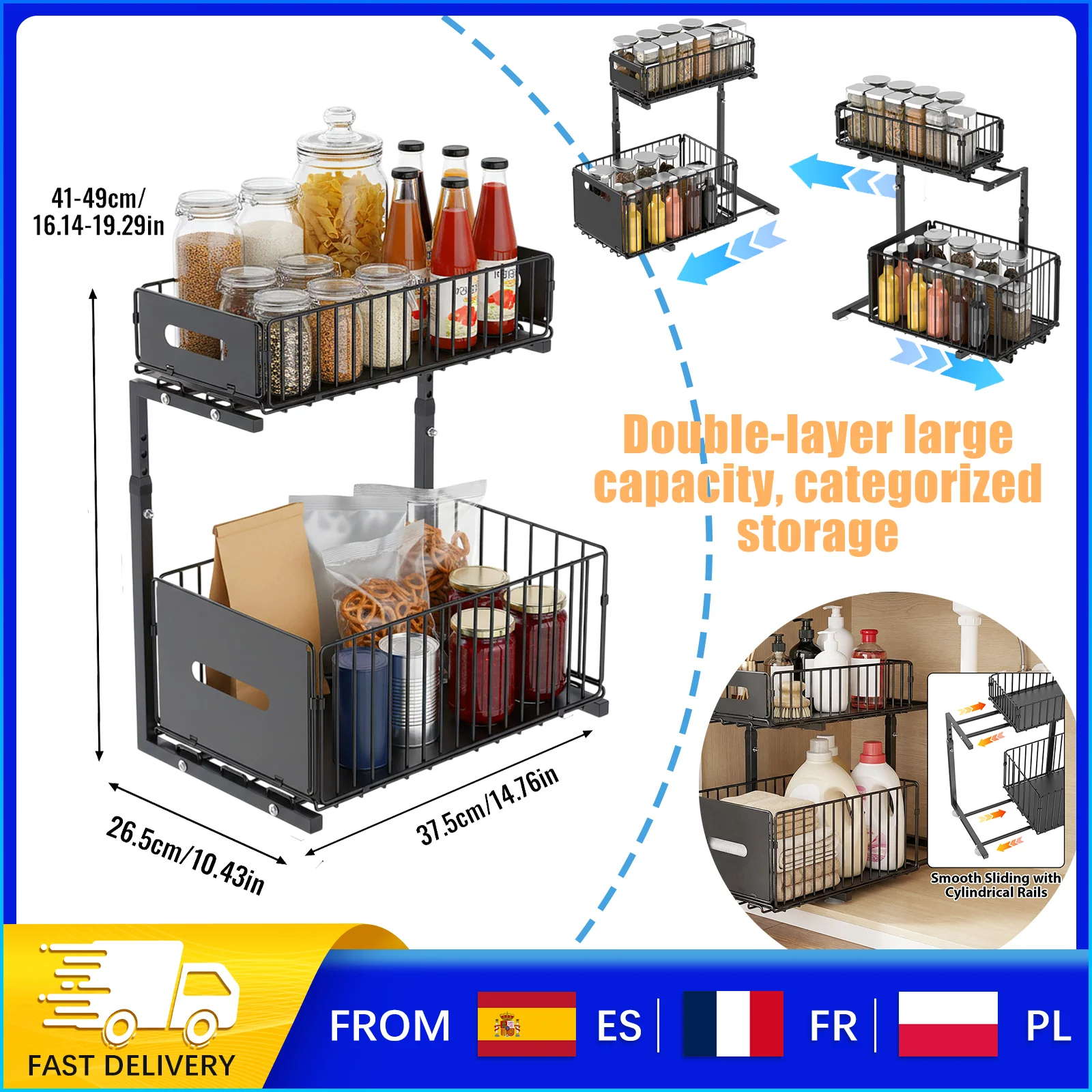 Organisateur sous-évier à 2 niveaux - Hauteur réglable de 41 à 49 cm, étagère de rangement en acier au carbone pour cuisine/salle de bain