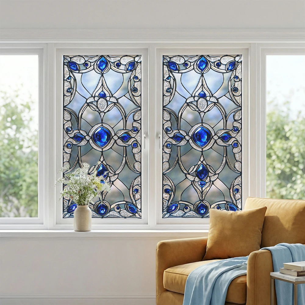 1 Rolle blauer Sichtschutzfolie für Fenster aus Buntglas, bedrucktes Kathedralenmuster, statisch haftend, mattiert, 17,7 x 39,4 Zoll – für Wohnzimmer