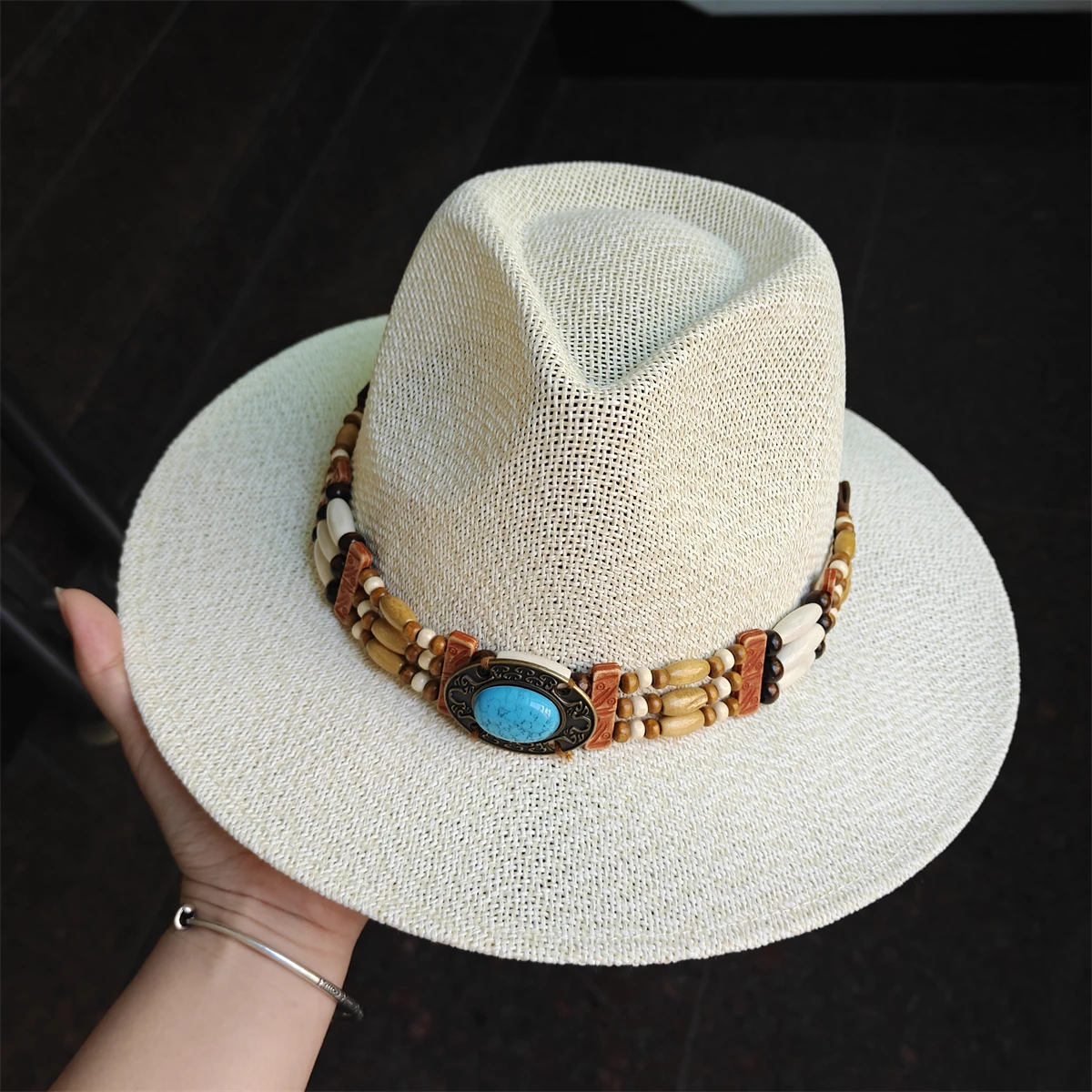 Women Straw Hat men Wide Brim Western Fedora Sun Hat Handmade Beach Cowgirl Hat Boho Turquoise Beaded Band jazz hat panama straw