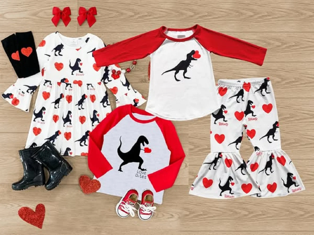 

New Fashion Baby Girls Boys Valentine's Day Dinosaur Red Long Sleeve Top and Skirt Set Wholesale Boutique Children Clothes