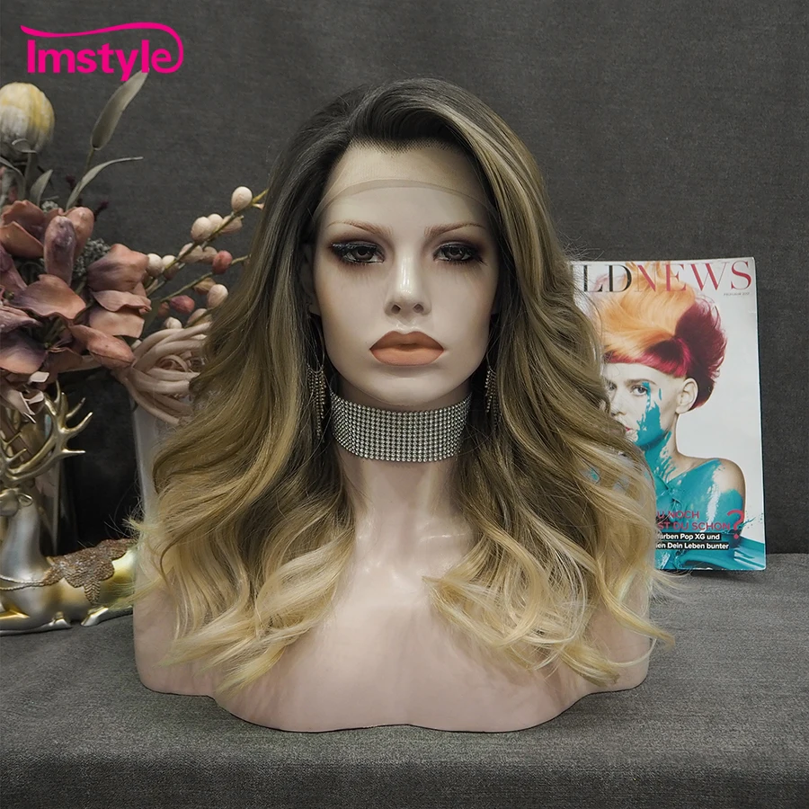 Imstyle Ombre Blonde Wig Synthetic Lace Front Wig Natural Wavy Dark Root Heat Resistant Fiber Daily Wigs For Women