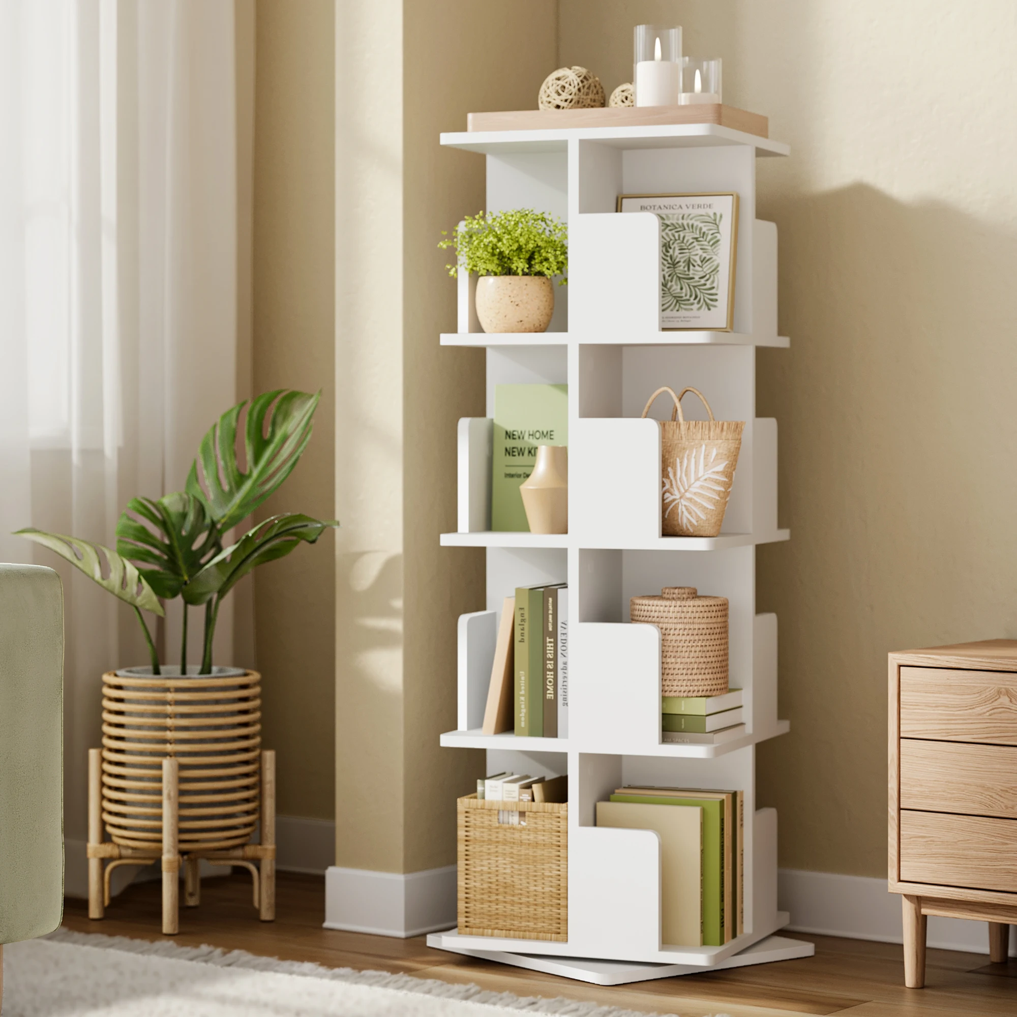 Estantería Giratoria, Librería, Separador de Ambientes 360 °   Organizador Giratorio de 4 Niveles y 16 Compartimentos, Ahorra Espacio para Sala de Estar o Dormitorio