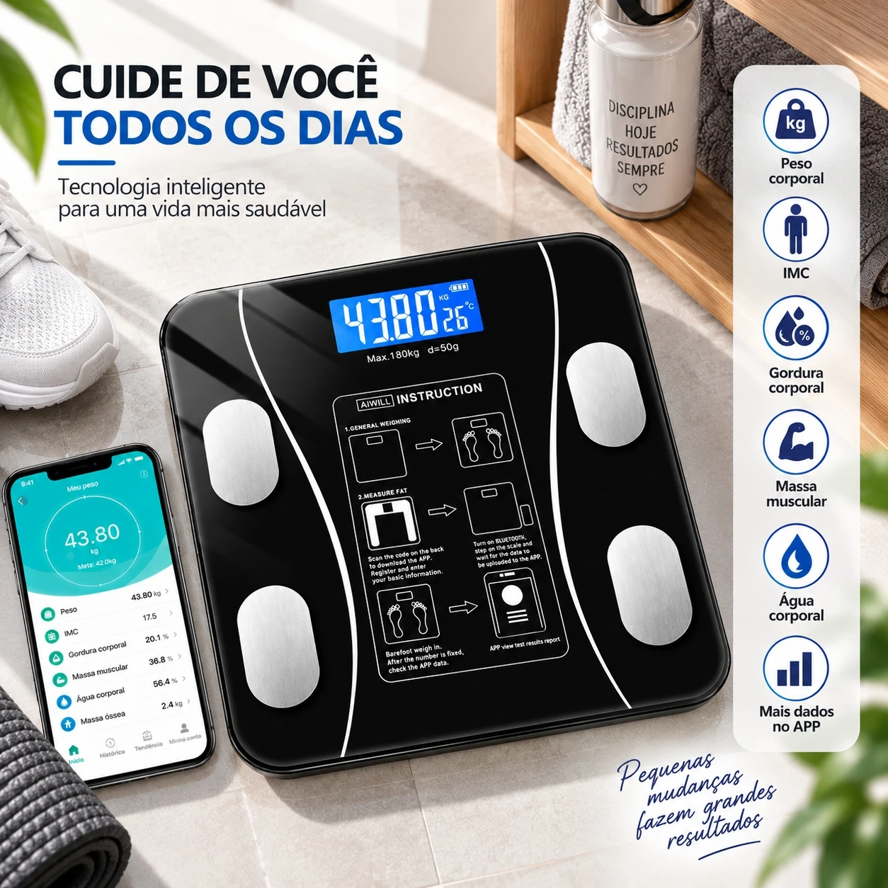 Balança de Peso Corporal com Bluetooth e Bioimpedância, 180Kg, Sincroniza com App