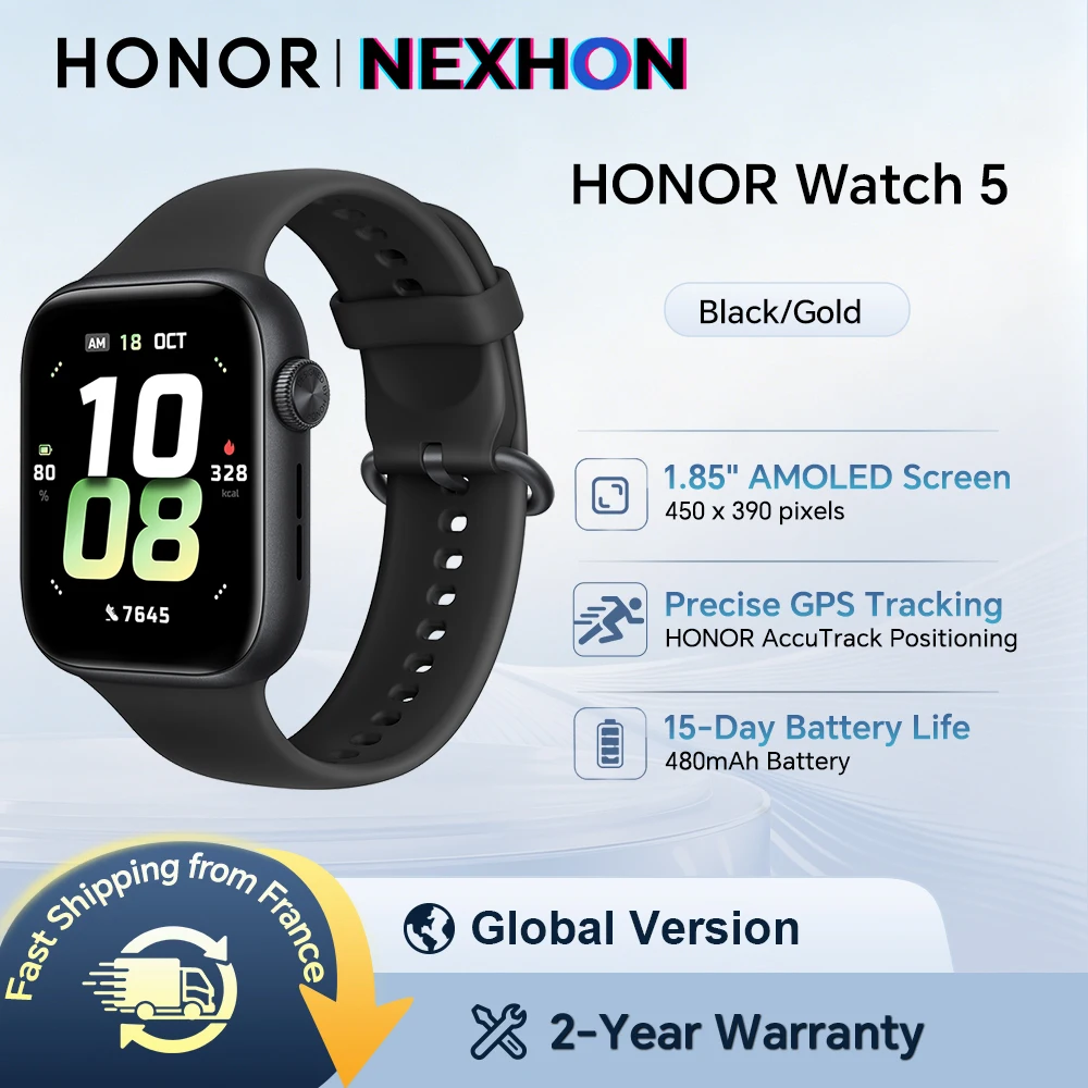 HONOR Watch 5, Montre Connectée Version Globale, Suivi GPS Précis, Scan de Santé Rapide, Grand Écran de 1,85 pouces, Compatible GPS, IP68
