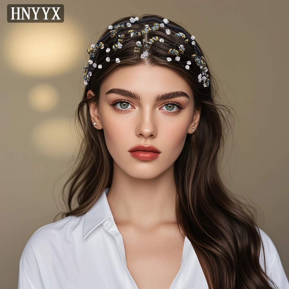

HNYYX Golden Headband Crystal Crown Beads Wide Hair Hoop Fashion Hair Accessories Party Wedding Hair Pieces for Bride A116