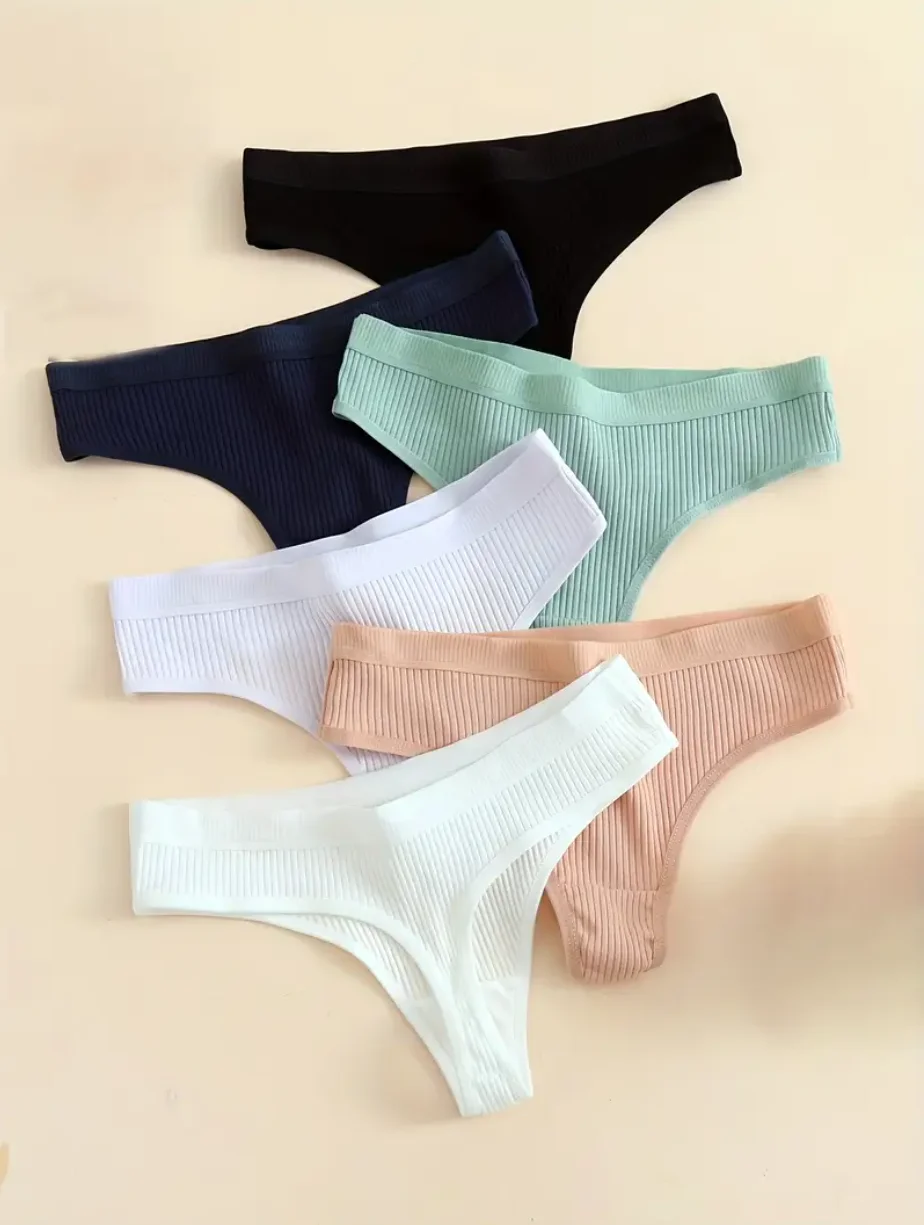 

6-Piece Seamless Ribbed Sports Thong, Breathable Comfortable Cotton Panties, Ladies Underwear and Underwear