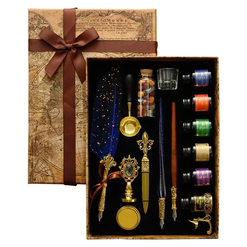 Kit de stylo à tremper en plumes antiques, ensemble de stylos à tremper en bois rétro, Kit de tampons de sceau de cire classique pour calligraphie, mots artistiques, cadeaux de noël