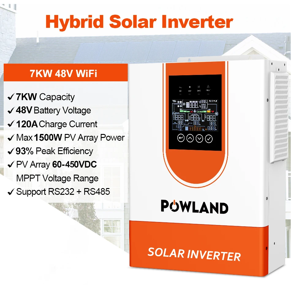 POWLAND 9000VA Hybrid-Solarwechselrichter 48VDC 7000W MPPT 120A 60-500VDC PV-Eingang Reiner Sinuswellen-Wechselrichter mit WIFI-Unterstützung BMS – Detail 7