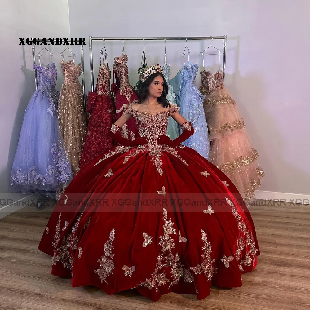 Vestido de terciopelo de princesa para quinceañera, falda larga hinchada, vestido de baile, fiesta de graduación, sin hombros, dulce, 15, 16 años, niña, MISS cumpleaños, 2023