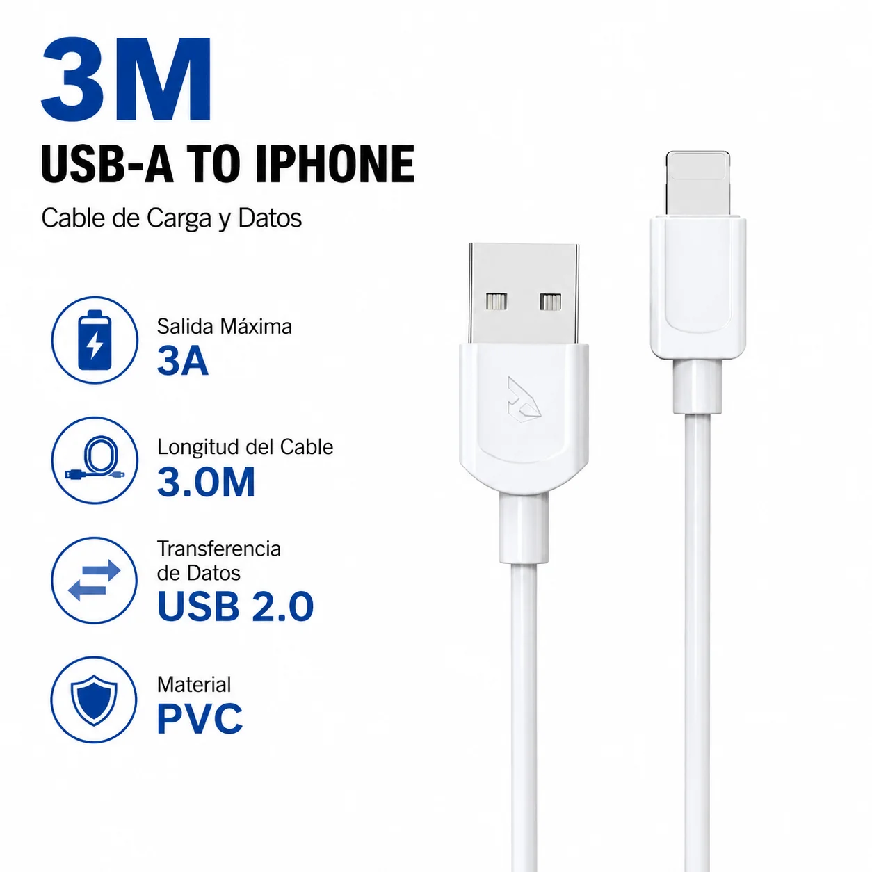 USB-A kabel voor iPhone 3m 3A Max |     USB 2.0 oplaad- en datakabel |     PVC-materiaal