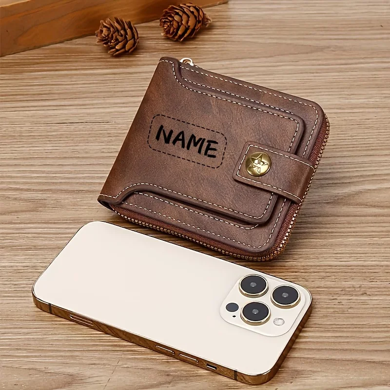Custom Name Men's PU Wallet, Compact Metal Texture Zip Card Case with Coin Pocket, Personalized Gift, Fashion Daily Accessory view 4
