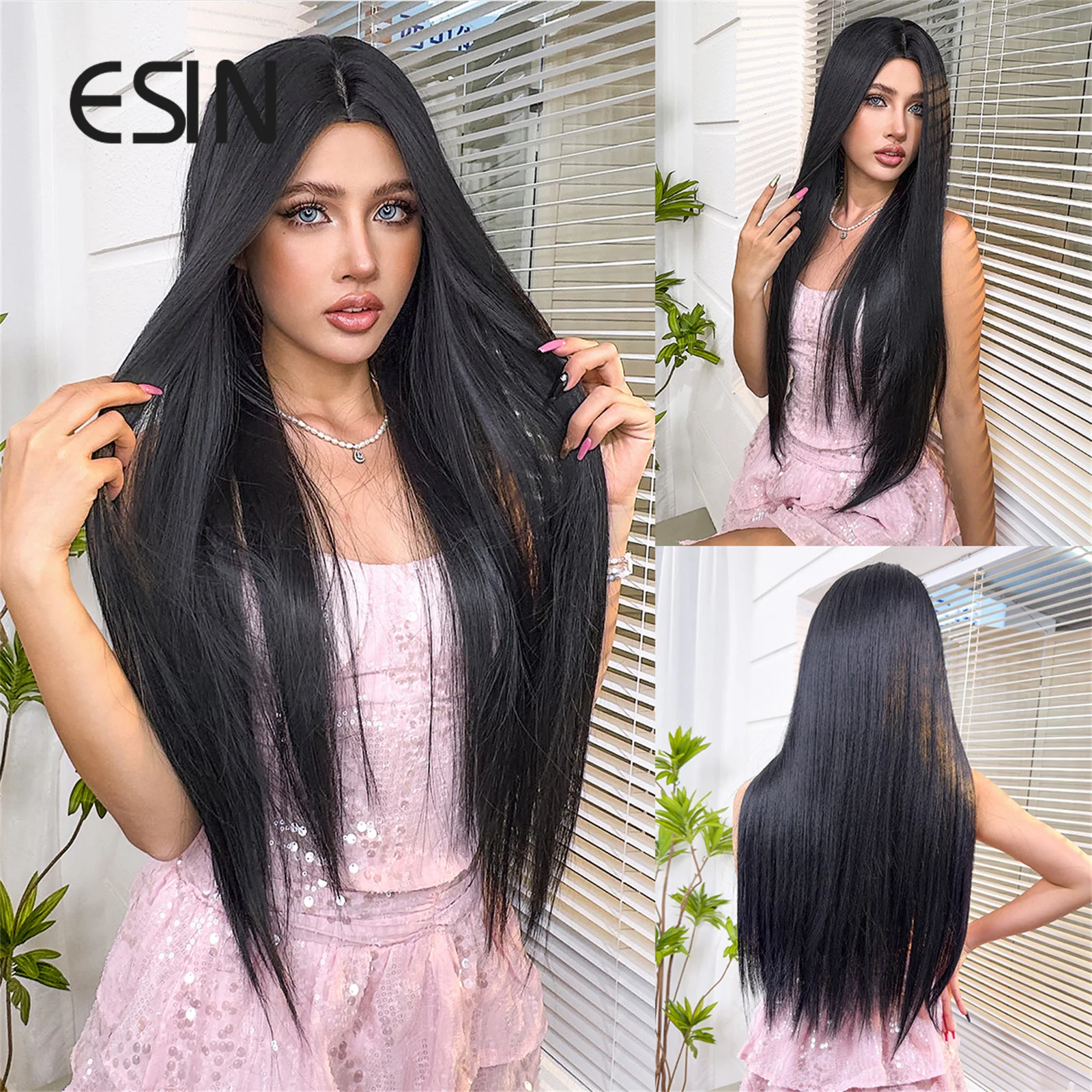 

ESIN Synthetic Wigs Black Wigs for Women Long Straight Wigs with Bangs Heat Resistant Fiber DailyCosplay Party Natural looking