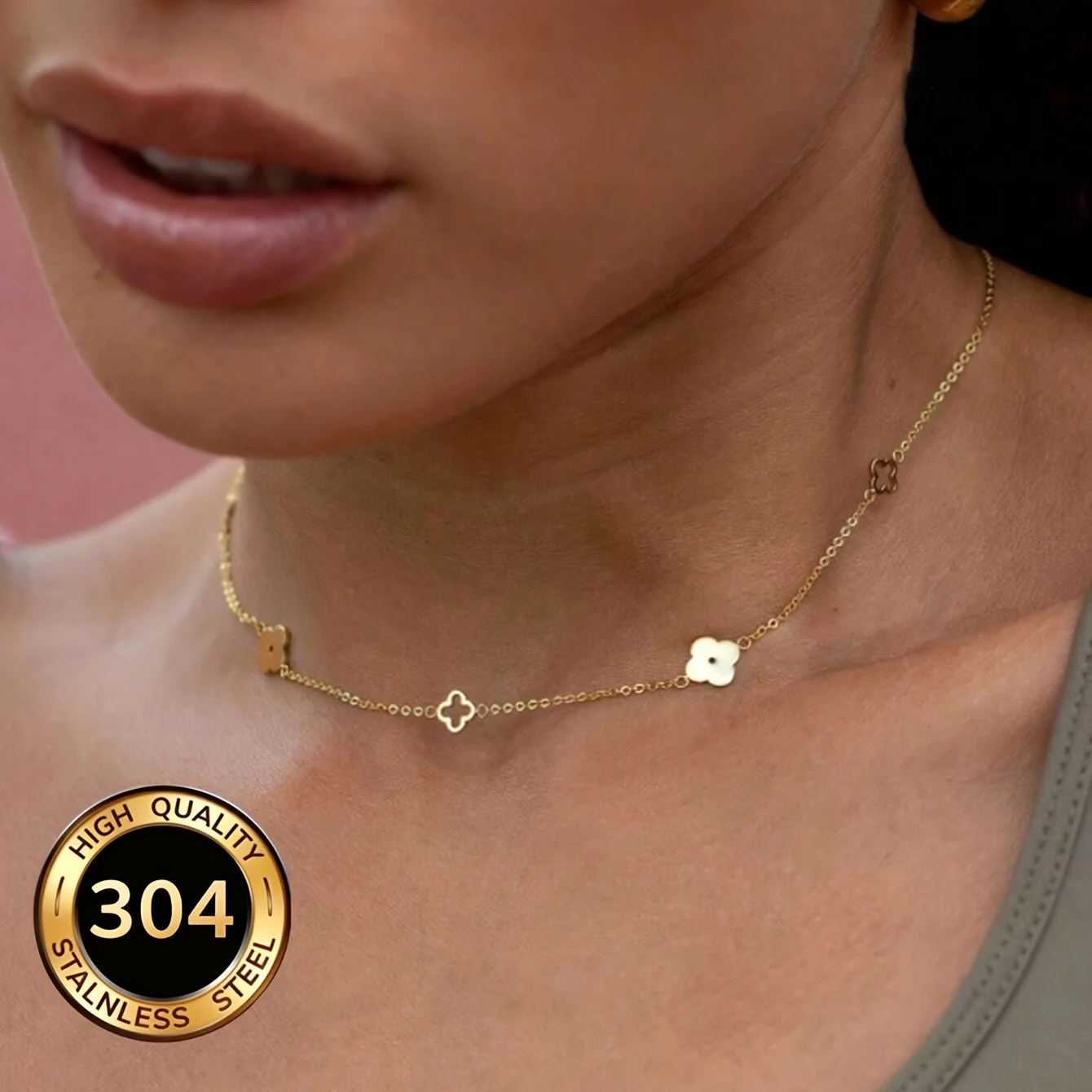 Stainless Steel Lucky Hollow Design Four-Leaf Clover Necklace Women's Simple Commuter Fashion Collarbone Chain Jewelry Gifts