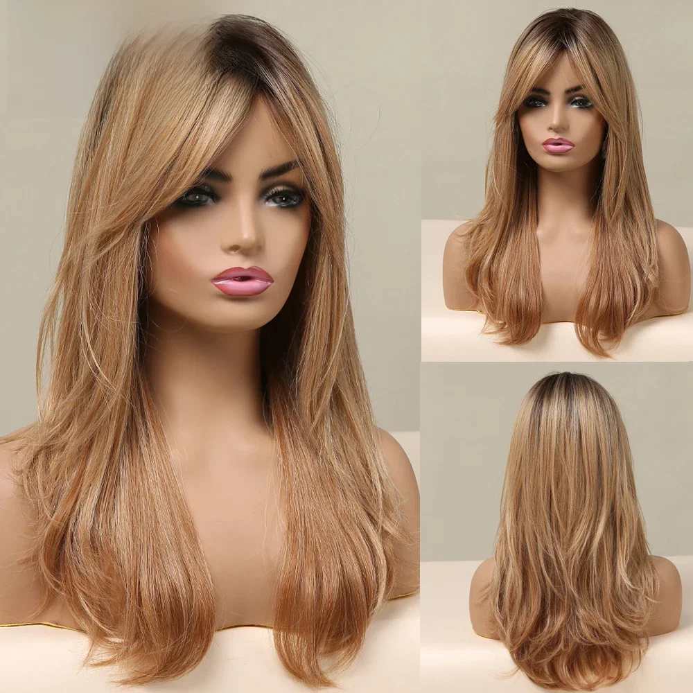 ALAN EATON Lange Natürliche Welle Perücke für Frauen Ombre Schwarz Braun Goldene Blonde Synthetische