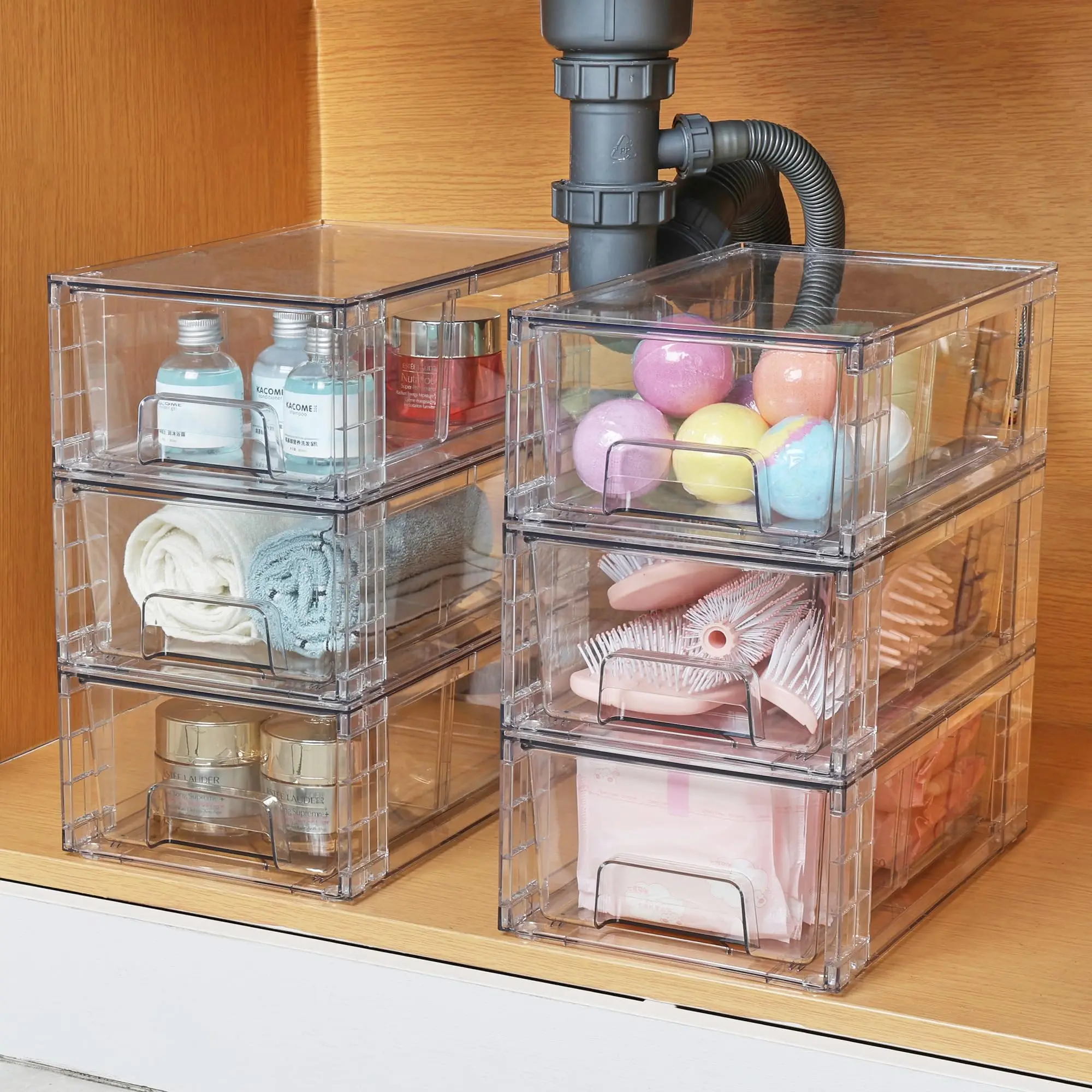 4 Pack Stackable Clear Drawer with Dividers Easy Assembly, Stackable Storage, Removable Dividers, Non-Slip Design, For Fridge, Under Sink, Pantry & Bathroom