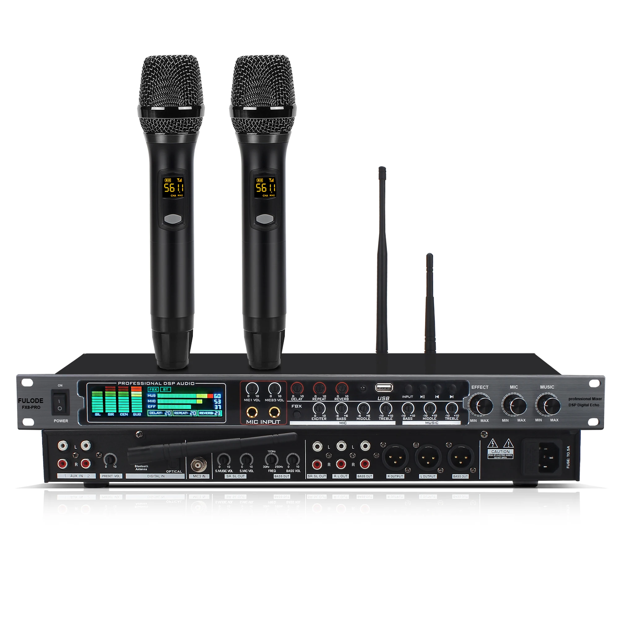 FX8-PRO DSP Mixer with FBX Anti-Howling, Bluetooth/USB/Optical Input, LCD Display, Echo/Reverb Control, 2-Mic Karaoke Mixer