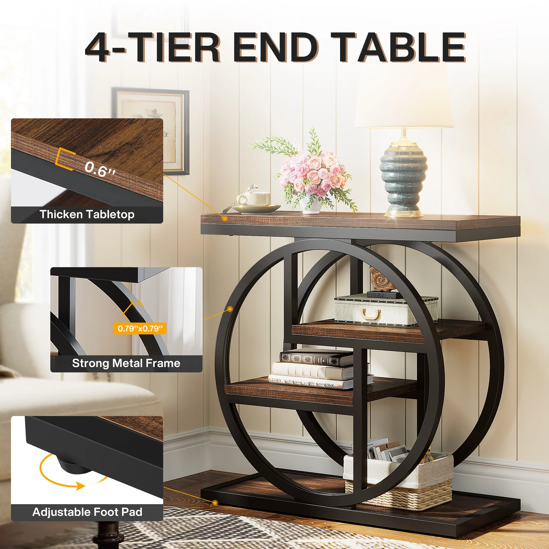 Tavolino da salotto o da camera da letto Tribesigns, tavolino laterale stretto a 4 ripiani con scaffali portaoggetti e design geometrico, comodino in stile industriale.