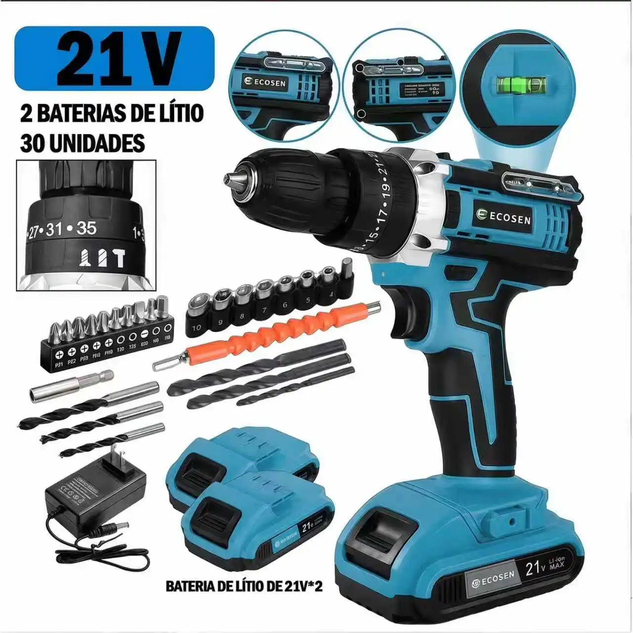 Furadeira Parafusadeira de Impacto 3 em 1 21V Sem Fio com 2 Baterias, Kit Completo para Madeira e Concreto