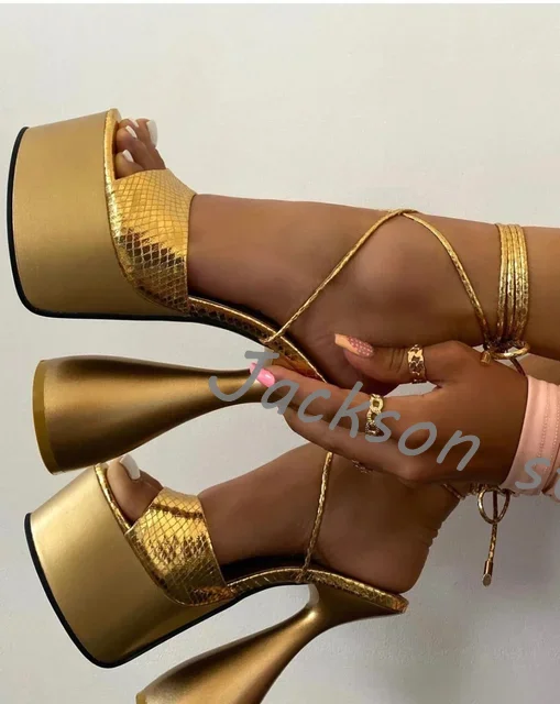 2024 New Gold Shape Heel Platform sandali da donna estate Sexy caviglia Lace Up tacchi alti décolleté Open Toe Fashion Party Dress Shoes