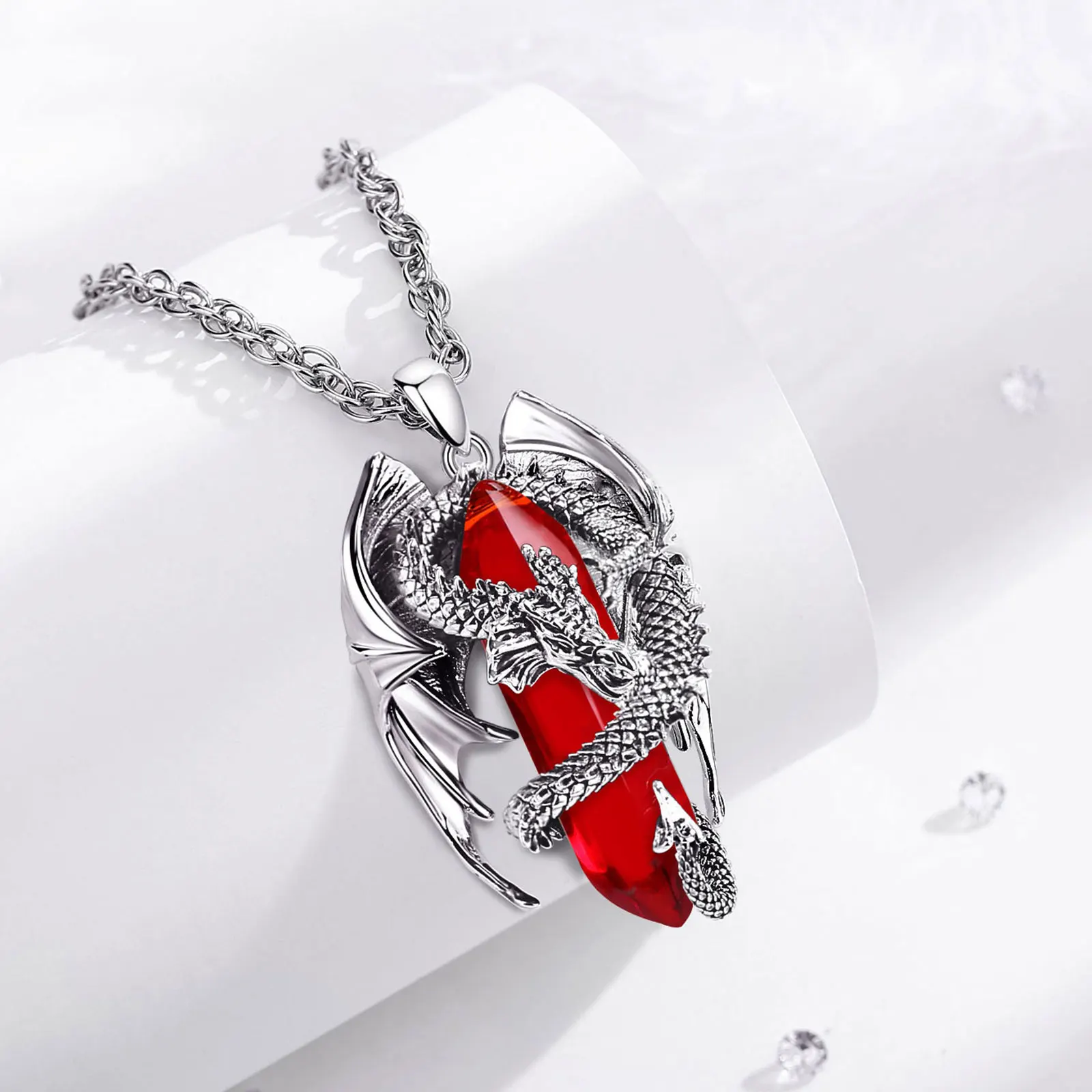 Eudora Dragon Twining Hexagonal Natural Carnelian Prismatic Necklace Punk Healing Stone Pendant Fine Jewelry for Women Man Gift