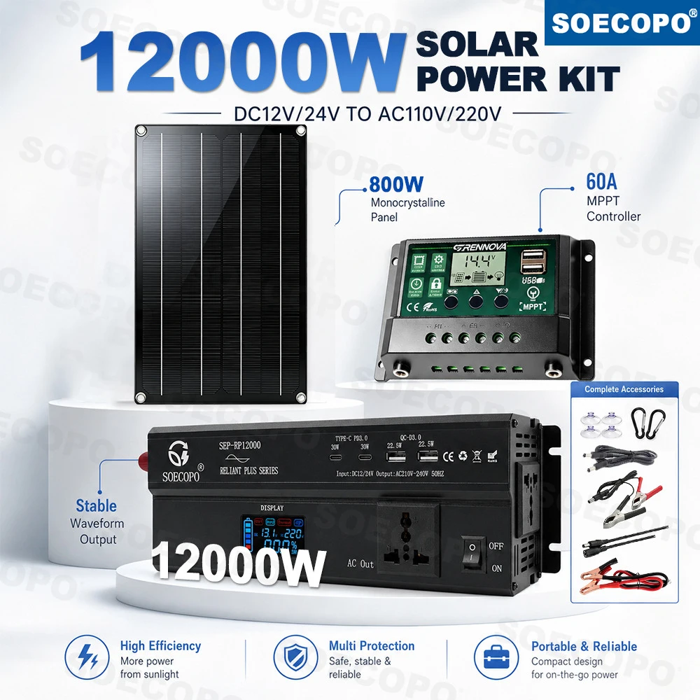 Kit de Energia Solar 12000W 1000W Nominais, Inversor de 12V/24V para 110V 220V, Painel de Pico 800W, Controlador MPPT 60A, 4 USB para RV e TV