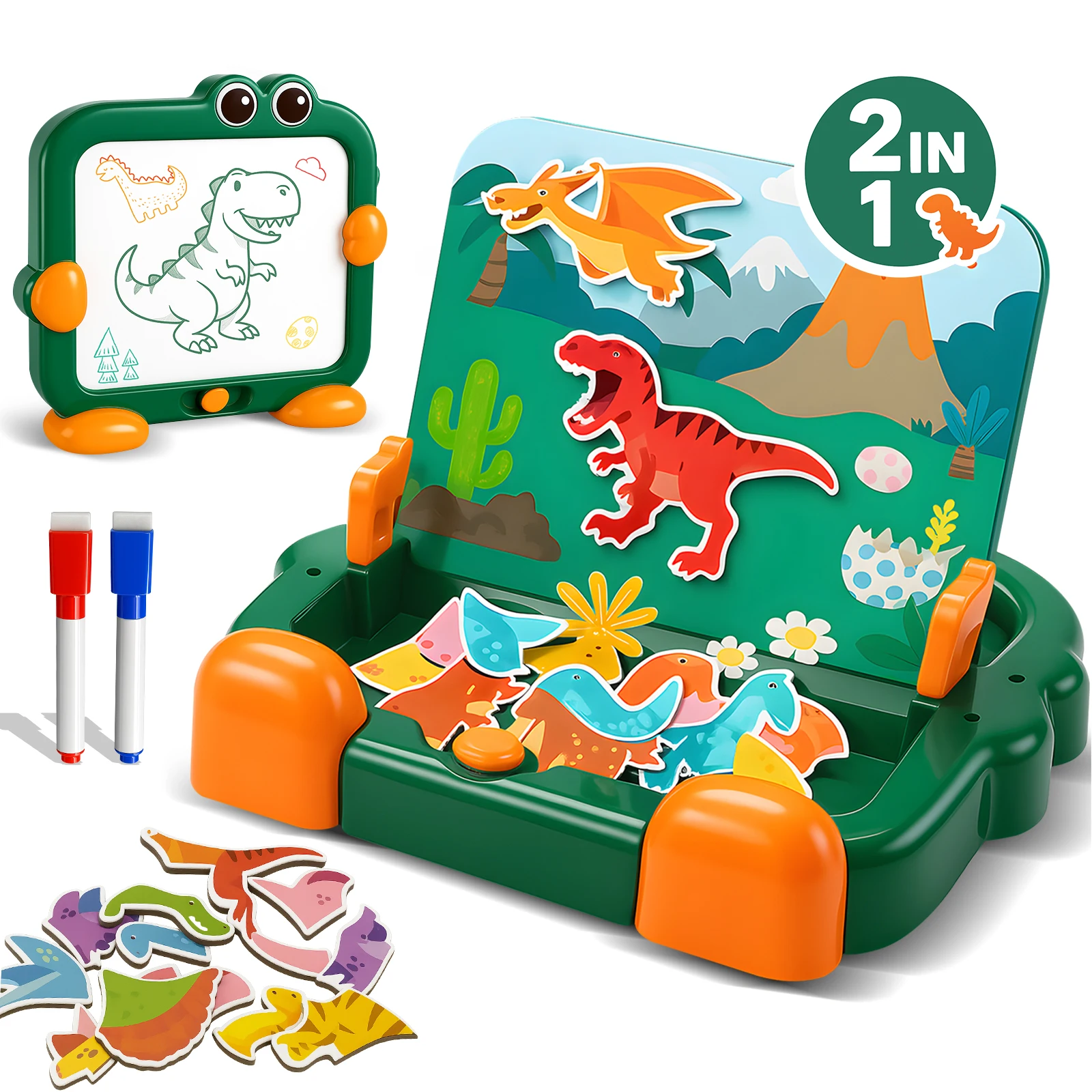 

2 in 1 Dinosaur Magnetic Puzzle Board and Drawing Board for Toddlers Montessori Quiet Travel Toy with 39 Puzzles 2 Markers Educational Writing Game for Preschoolers Kids Ages 3 to 8