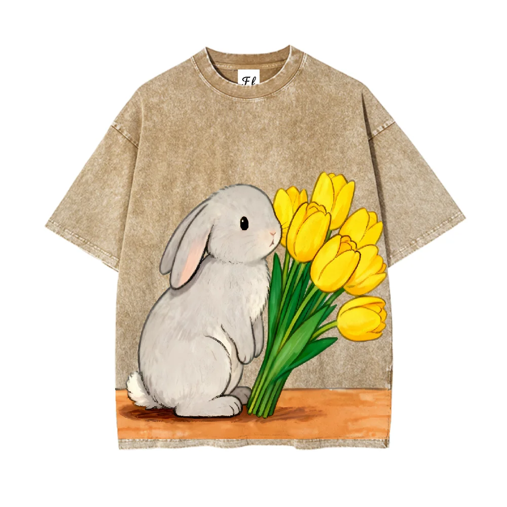 Cute Cartoon Rabbit With Yellow Tulips Printed Vintage Style Casual Loose Fit Short Sleeve T Shirt For Women And Men Fashion