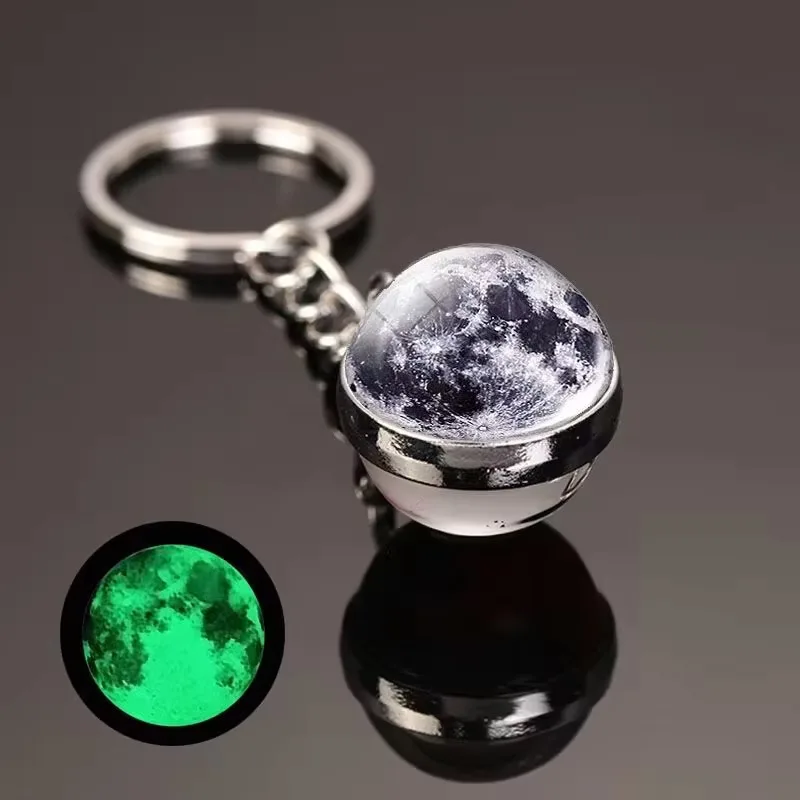 Luminous Solar System Keychain - Glow-in-the-Dark Earth Sun Moon Nebula Double-Sided Glass Ball Key Ring for Gift