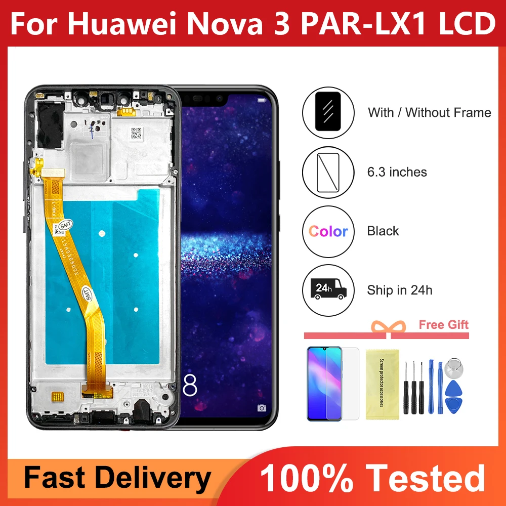 100% Tested 6.3\'\' For Huawei Nova 3 LCD Display Touch Screen With Frame For Nova 3 Screen Display PAR-LX1 PAR-LX9 LCD