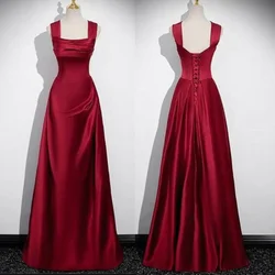 Satin Square Collar A-line Evening Dresses Spaghetti Straps Sleeveless Pleated Cocktail Gown Elegant Backless Lace Up Prom Dress