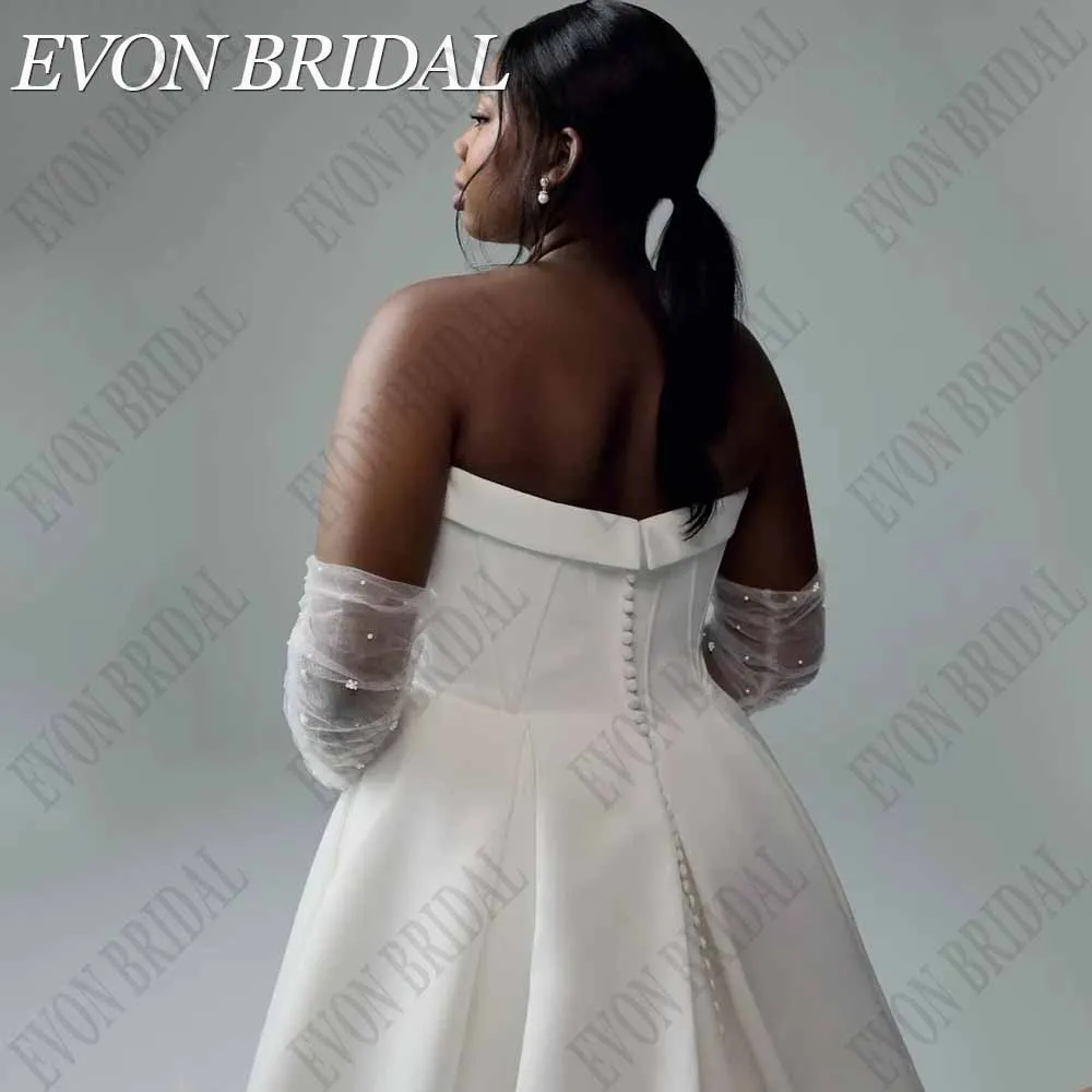 EVON BRIDAL Customized Plus Size A Line Wedding Dresses Satin Strapless Bride Gowns Button Back Classic Bridal Gown Sweep Train