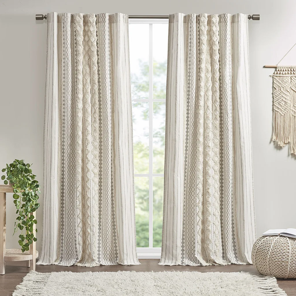 

Cotton Printed Curtain Panel with Chenille Stripe and Lining Ivory 50x84" (Multicolor + Cotton)