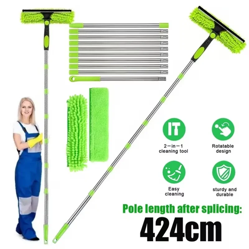 424cm Ausziehbarer Mikrofaser-Flachmop mit Verstellbarem Langem Stiel 360° °   Rotierender Boden-, Wand- und Deckenreinigungsmop mit Waschbaren Pads
