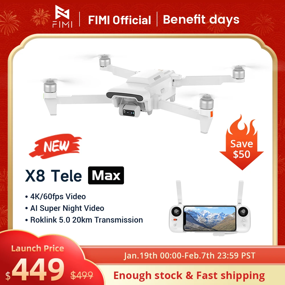 FIMI X8 Tele Max Drohne Dual Sony Kameras 4K 60fps 5.0 Roklink 20km Reichweite 3-Achsen Gimbal GPS AI Super Night Video RC Quadcopter